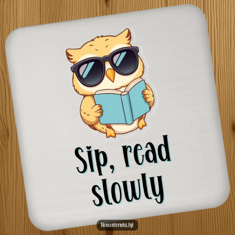Funny drink coaster featuring a cool owl in sunglasses reading a book upside down, adding a touch of witty charm.