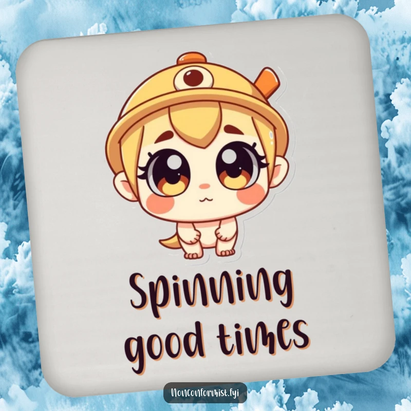 Funny Coasters featuring a curious character with a propeller hat, providing protection with a humorous touch. An ideal funny gift set.