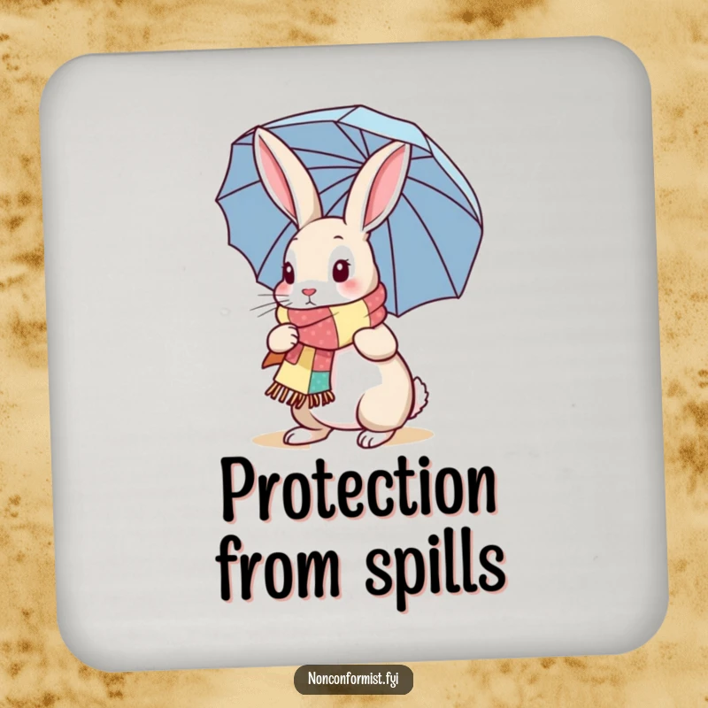 Funny Rabbit Coaster: A rabbit wearing a patchwork scarf and holding an umbrella, protecting surfaces with humorous charm and style.