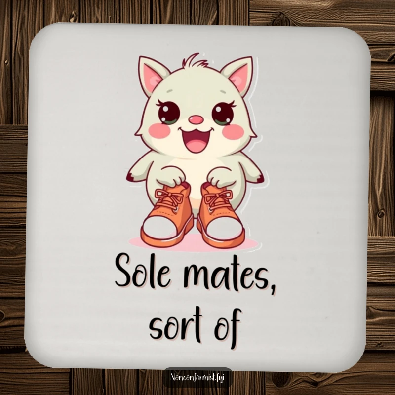 Funny Coaster: A quirky creature standing proudly with a mismatched pair of shoes, acting as a humorous drink protector.