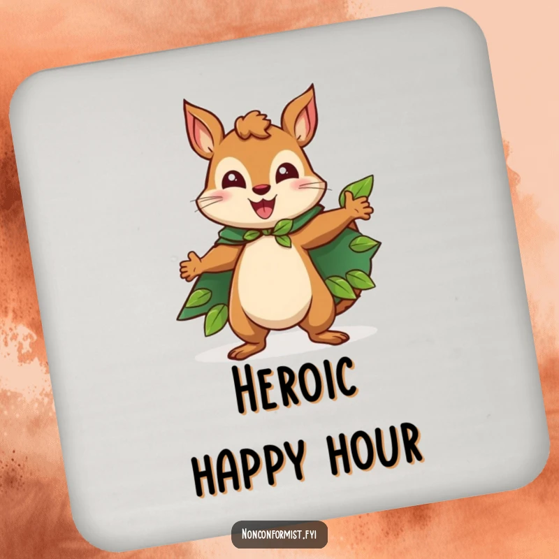 Funny Squirrel Coaster featuring a happy squirrel character wearing a cape made of leaves, striking a heroic pose, adding humorous and protective charm.
