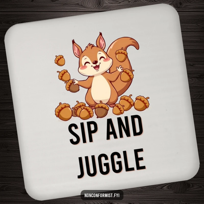 Funny drink coaster featuring a cheerful squirrel character humorously juggling acorns of different sizes, adding comic relief.