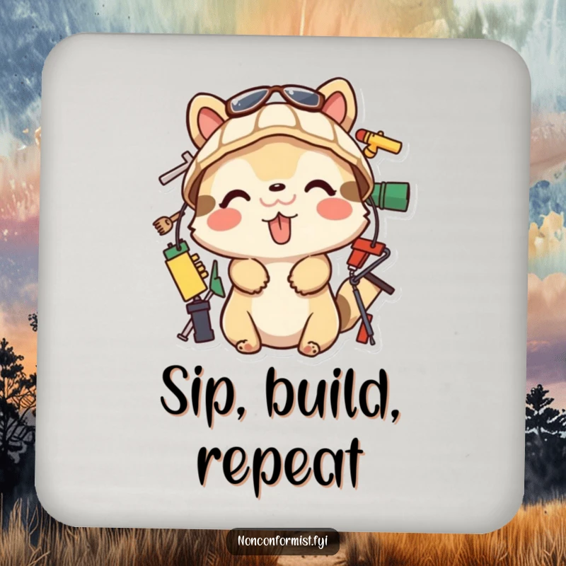 Funny Coasters featuring a playful animal with tongue out, building with odd items. A protective and funny gift.