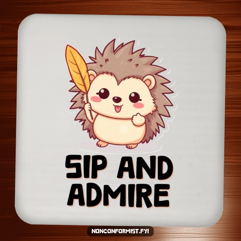 Funny drink coaster with a cheerful hedgehog proudly displaying a brightly colored feather, adding cute protection.