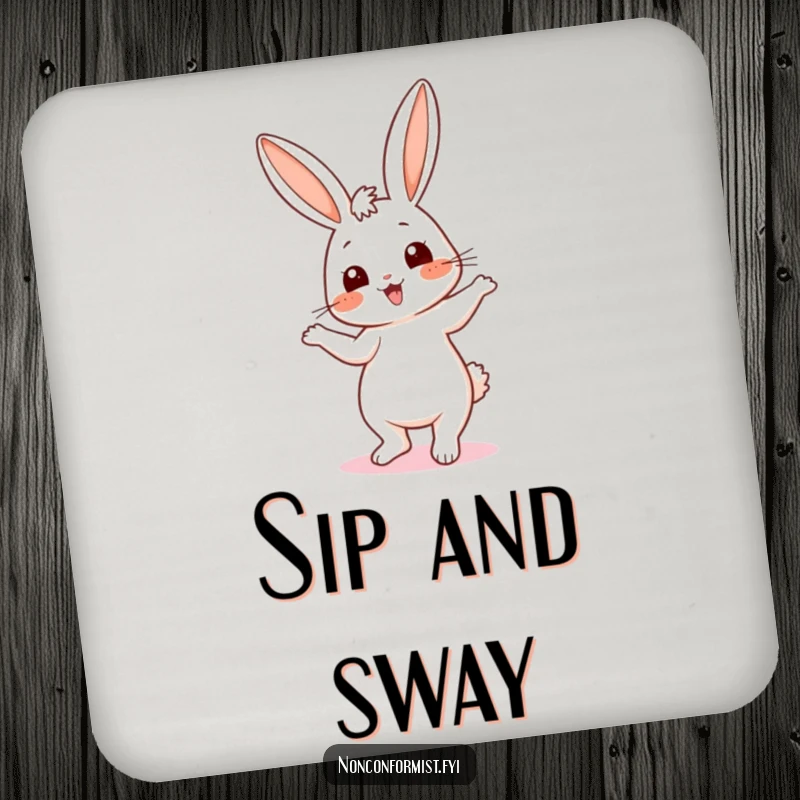 Funny drink coaster featuring a cute bunny doing a silly dance with mismatched ears, adding a humorous and protective touch to furniture.