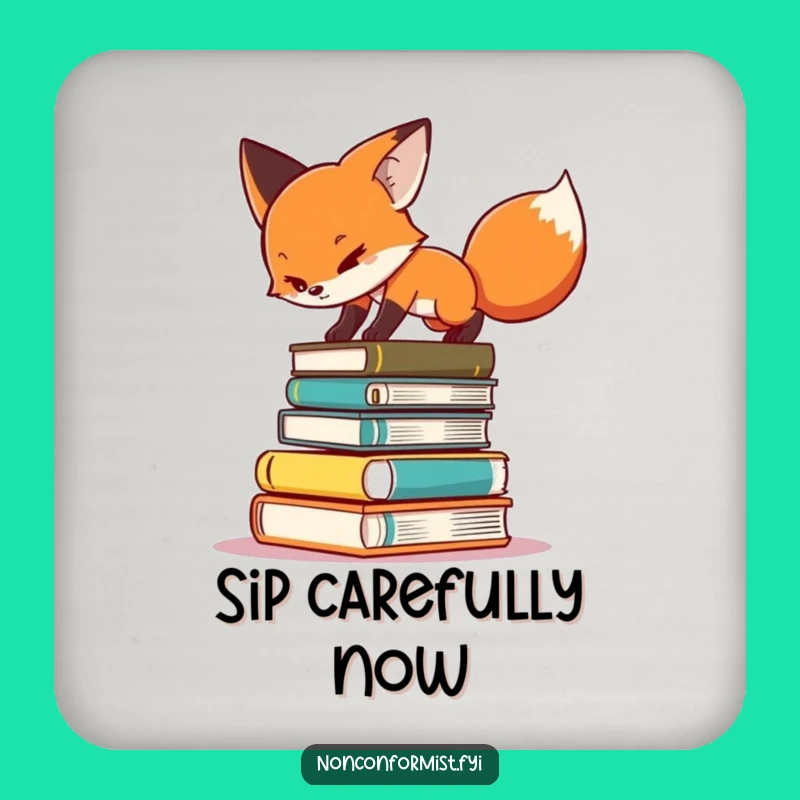 Funny Fox Book Balance Coaster - Literary Drink Protection - Humorous Gift