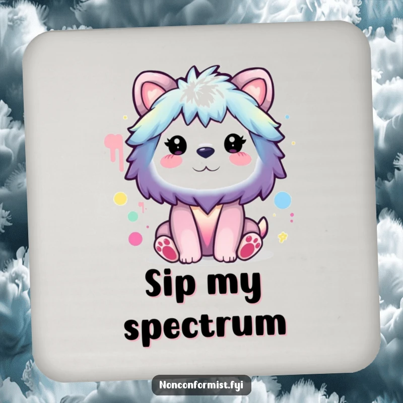 Funny Drink Coaster: Animal character painting a rainbow with odd colors, adding artistic humor to surfaces.
