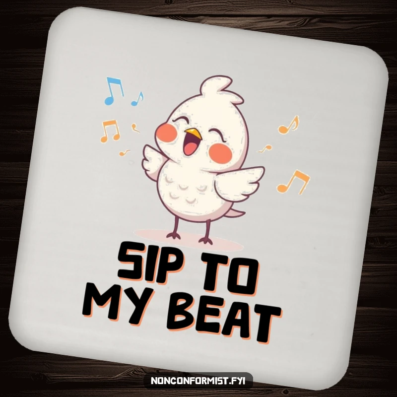 Funny Cute Bird Drink Coaster: A cute bird character sings with a quirky rhythm, adding humorous musical charm to drink protection.