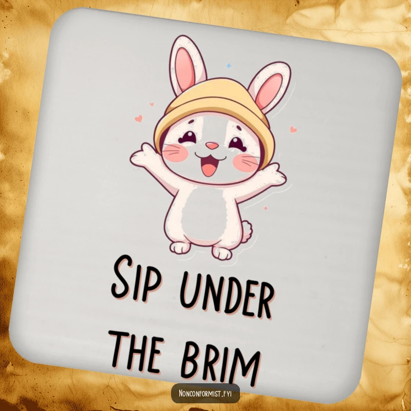 Funny drink coaster with a cute rabbit character enthusiastically wearing a bear hat, adding whimsical protection.