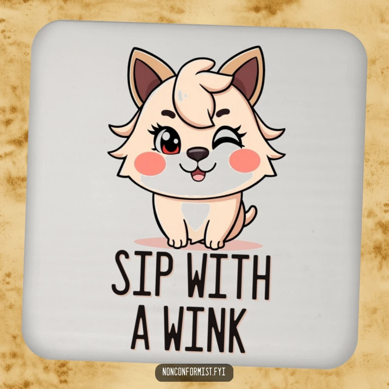 Funny Coasters with a cheerful animal winking and a distinctive asymmetrical haircut. Protective and humorous funny gift.