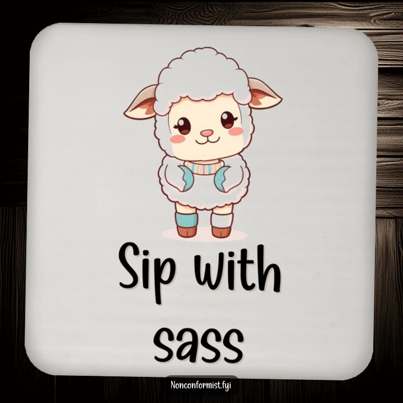 Funny Drink Coasters showing a cute sheep in a sassy pose with mismatched socks, adding flair to tabletops.