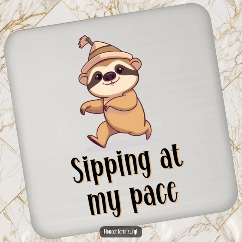 Quirky coaster with a funny sloth wearing a hat, comically speed walking, surface protection.