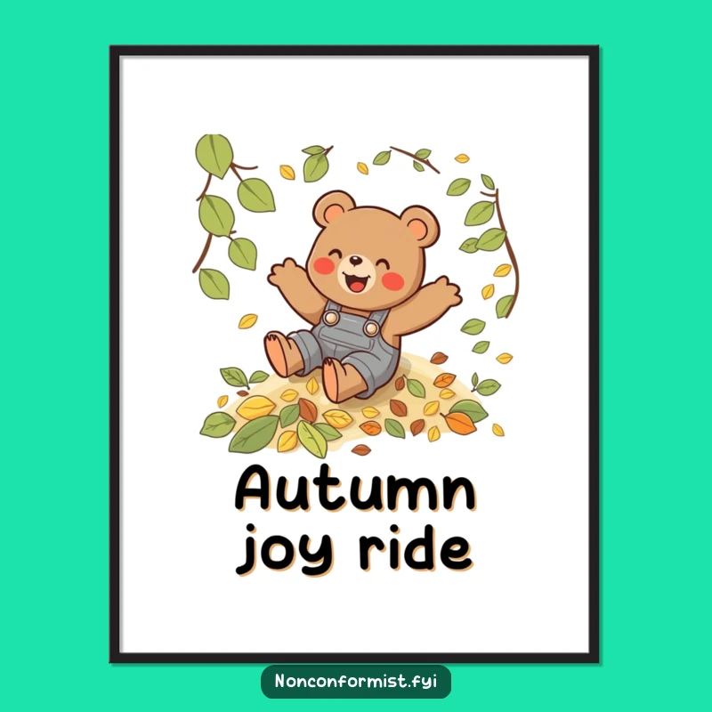 Funny Bear Leaf Slide Poster - Playful Autumn Scene - Humorous Wall Decor