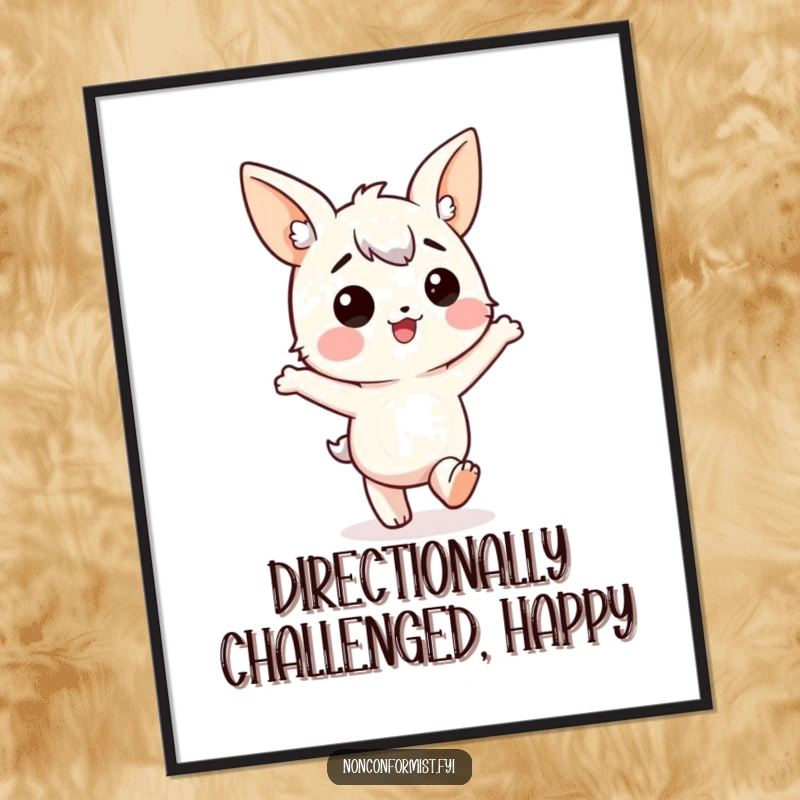 Funny Poster: Character with mismatched ears, marching happily in the wrong direction, a humorous and whimsical art piece.