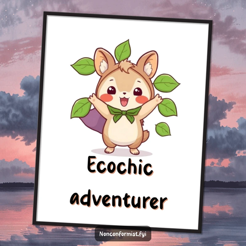 Funny poster of a small animal character excitedly wearing a cape crafted from various green leaves, exuding a heroic aura.