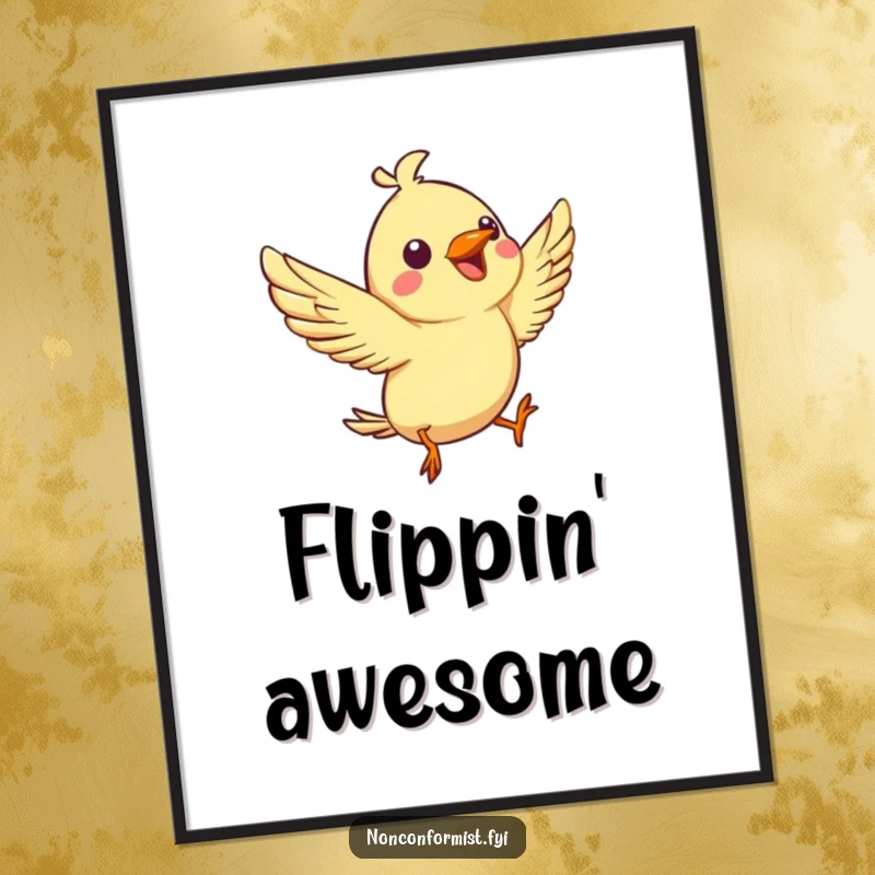 Funny poster print of a spirited bird character joyfully chirping while performing an aerial flip, whimsical wall decor.