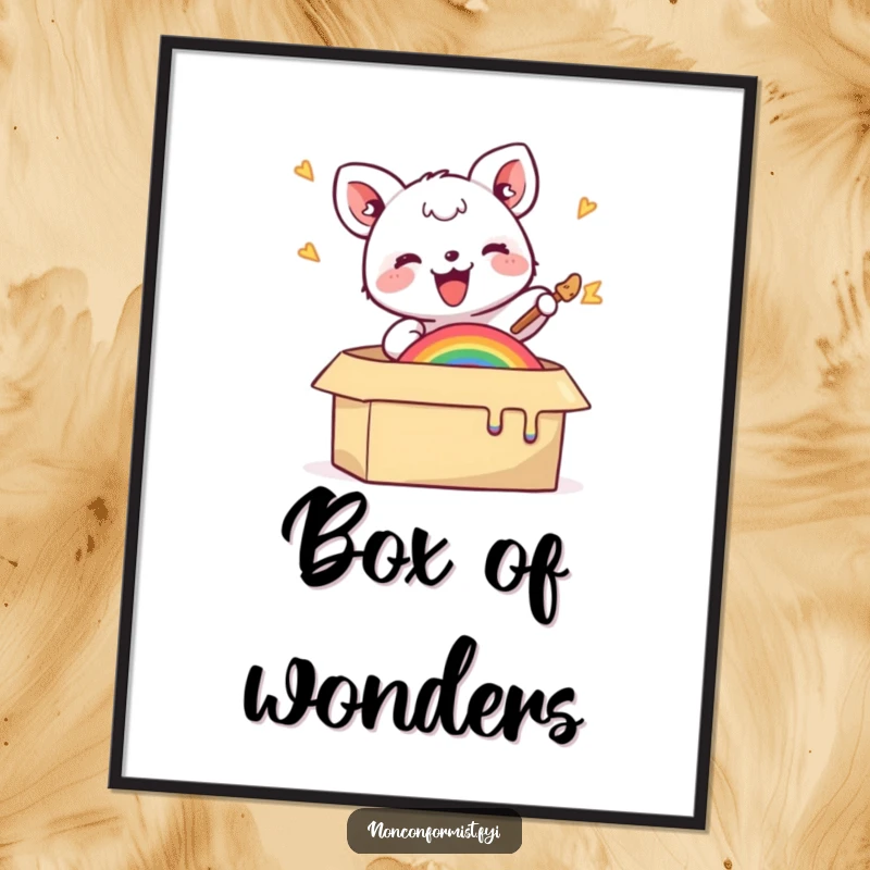 Funny poster of a small animal joyfully painting a rainbow inside a box, bringing vibrant creativity and humor to any room.
