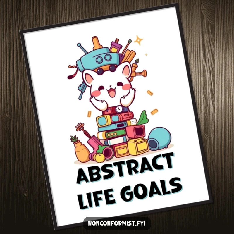 Funny poster of a small animal character enthusiastically constructing a bizarre tower of diverse items, detailed and full of character.