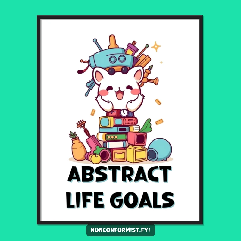 Funny Animal Builder Poster: Hilarious unconventional item tower art, perfect quirky decor gift.