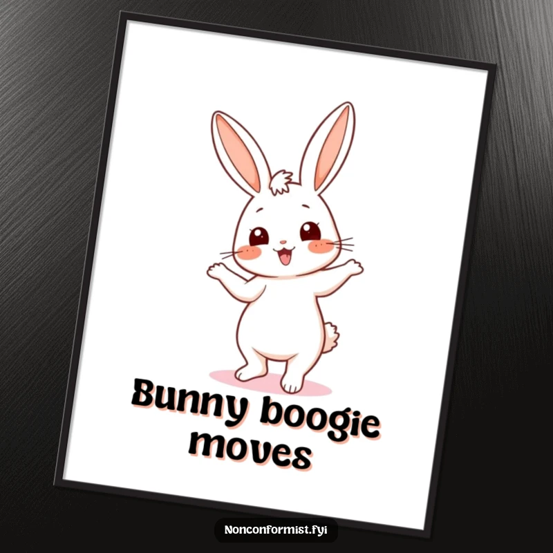 Funny poster of a cute bunny doing a silly dance with mismatched ears, bringing vibrant energy and humor to any room.