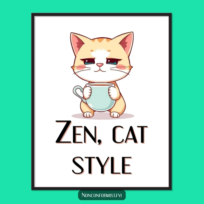 Funny Cat Teacup Balance Poster: Dramatic Focus for Your Wall Art