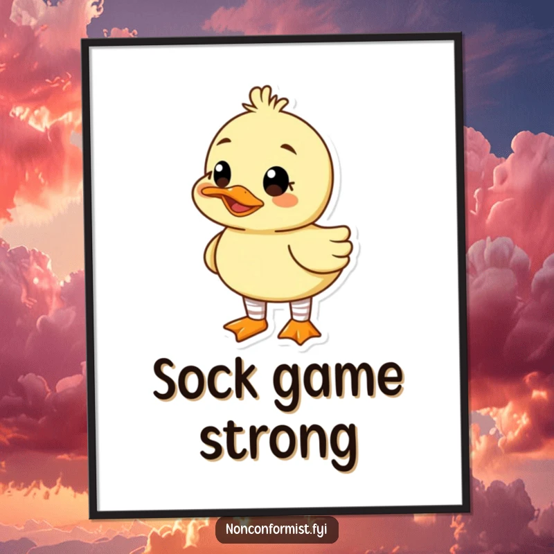 Funny poster showcasing a cute duck character proudly displaying mismatched socks and a wide, goofy grin, radiating fun.