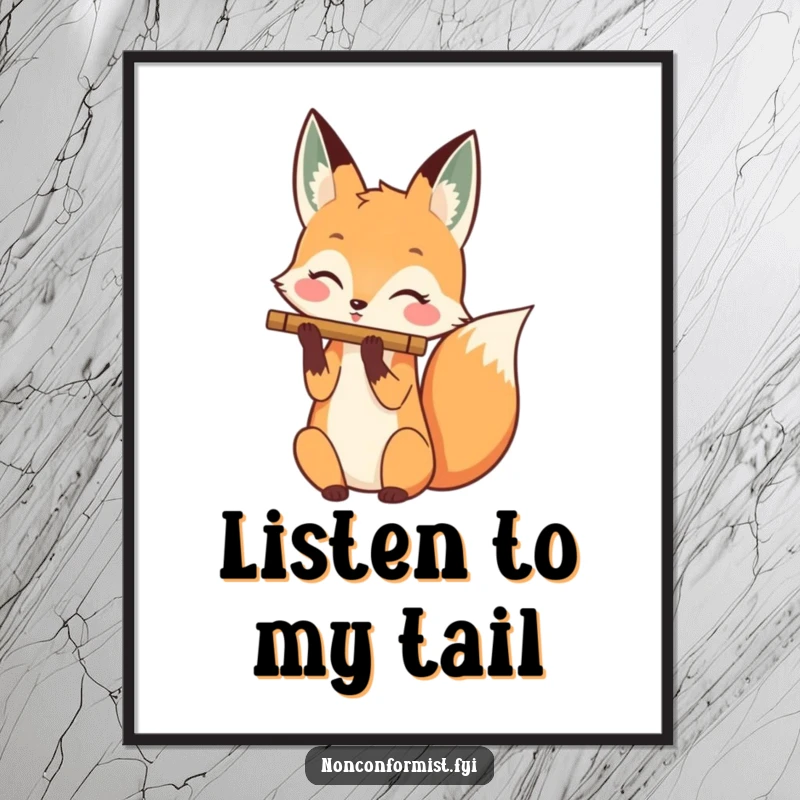Funny poster art of a happy fox playing a flute with its bushy tail, creating a delightful and humorous visual symphony.