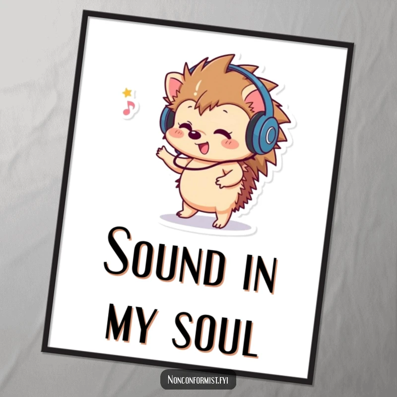 Funny Hedgehog Poster: A playful hedgehog wearing headphones, dancing ecstatically to unheard music, creating a joyous atmosphere.