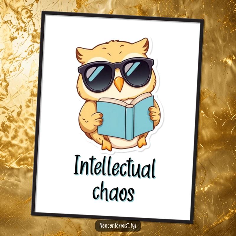 Funny poster of a smiling owl wearing dark sunglasses, casually reading a book upside down, creating a humorous, wise vibe.