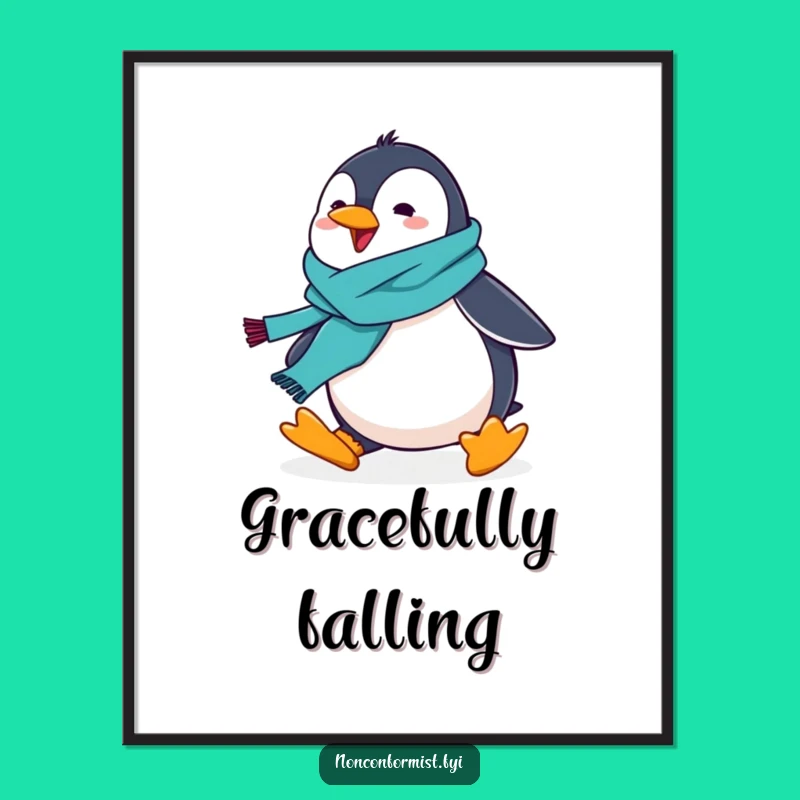 Funny Penguin Scarf Poster: Hilarious Tripping Art Print, Vibrant & Joyful Decor