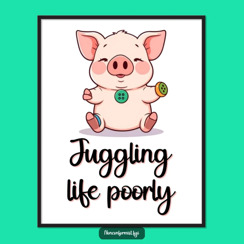 Funny Pig Poster: Juggling Buttons Art, Perfect Decor Gift