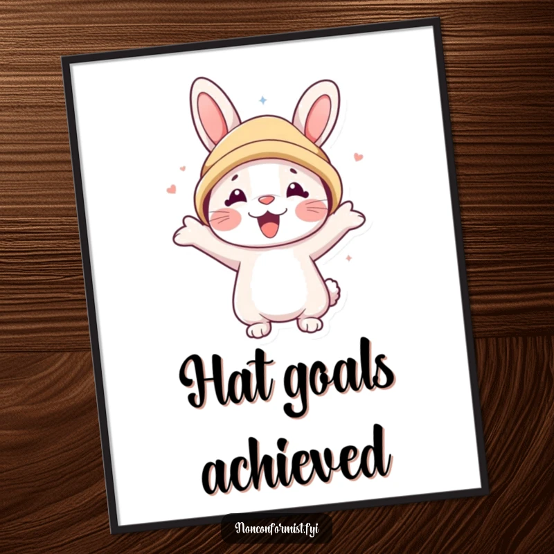 Funny poster of a cute rabbit character sporting a large bear hat with immense enthusiasm and a happy expression.