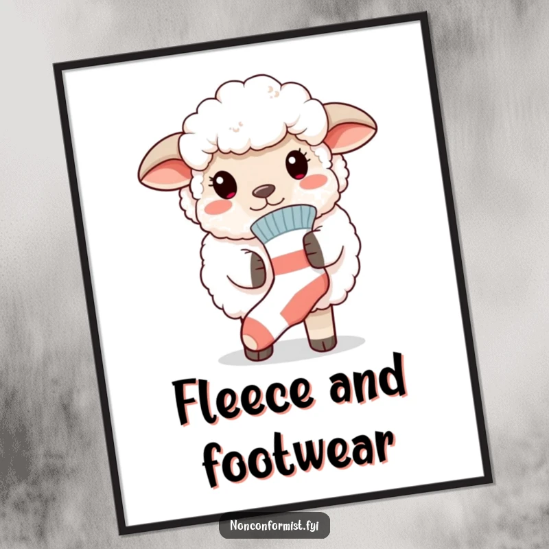 Funny poster of a fluffy sheep exuding pride while wearing a mismatched sock, making a bold and humorous decor statement.