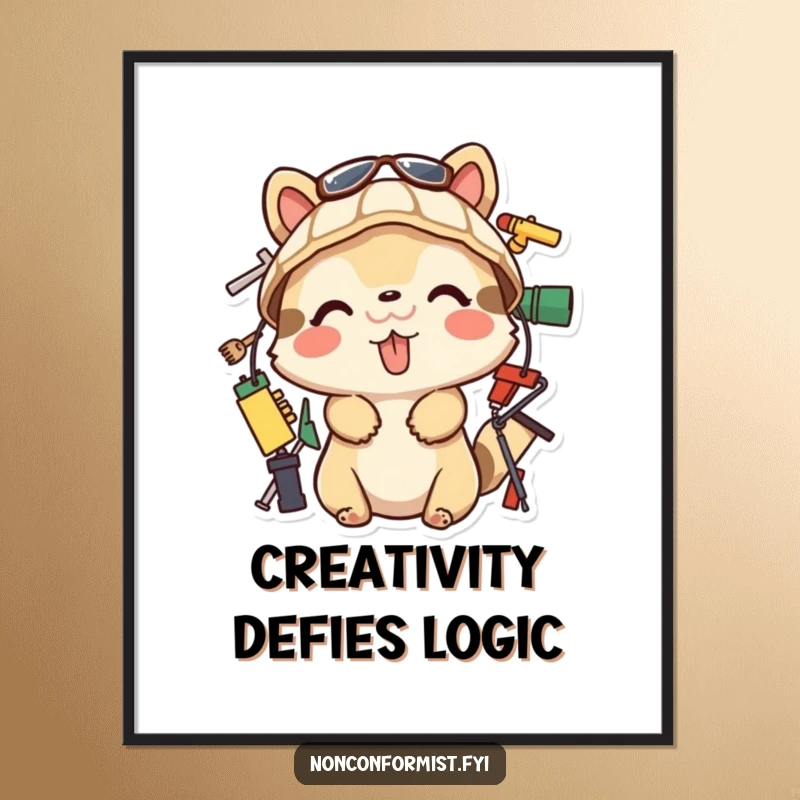 Funny Poster featuring a playful animal sticking its tongue out while building with odd objects. A humorous and eye-catching funny gift.