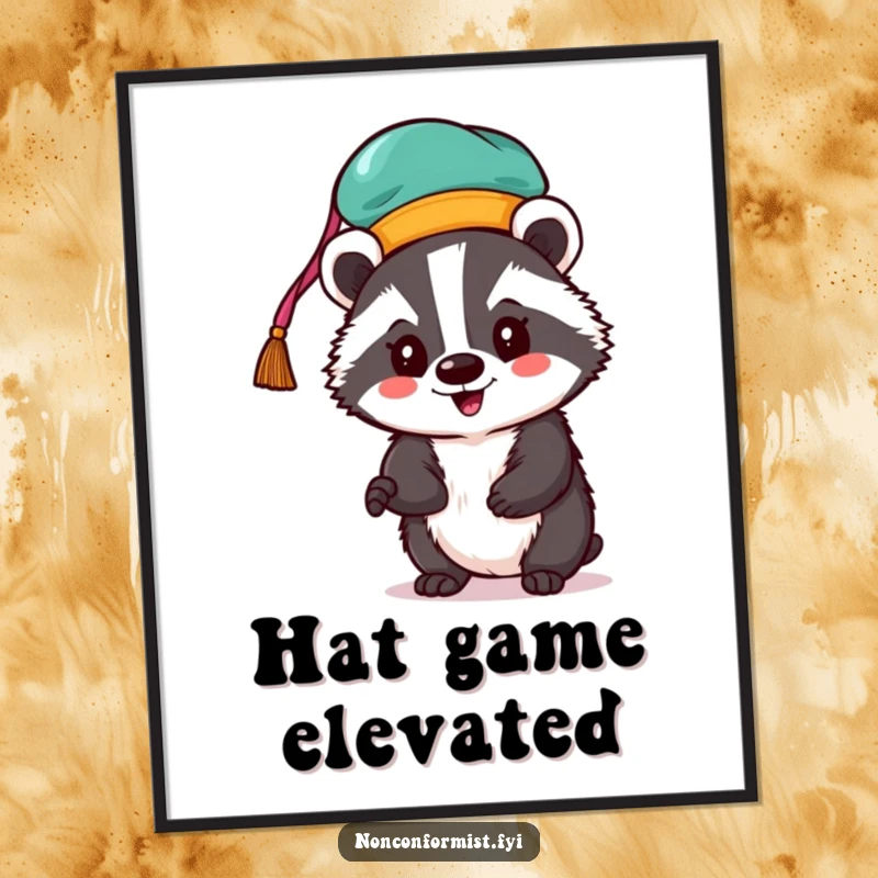 Funny badger poster of an enthusiastic badger wearing a brightly colored, eccentric hat.