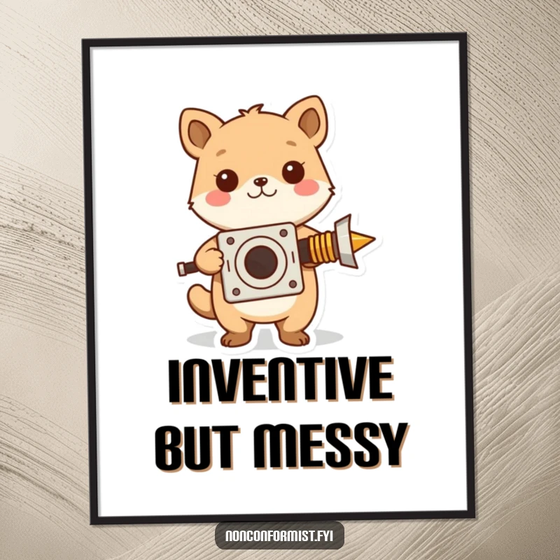 Funny poster art of a cute owl proudly displaying a strange, homemade invention, celebrating wisdom and quirky innovation.