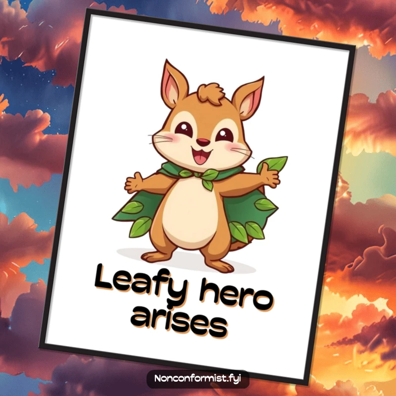 Funny Squirrel Poster depicting a happy squirrel character wearing a cape made of leaves and striking a heroic pose, a humorous and charming wall art piece.