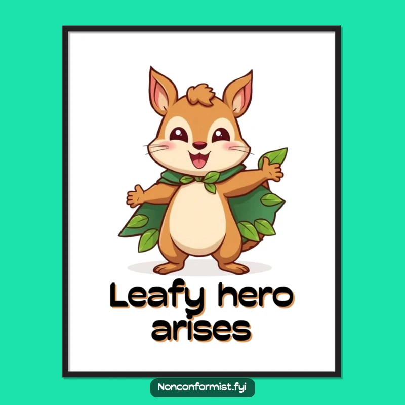 Funny Squirrel Poster: Leaf Cape Hero, Forest Pose Art, Perfect Funny Gift