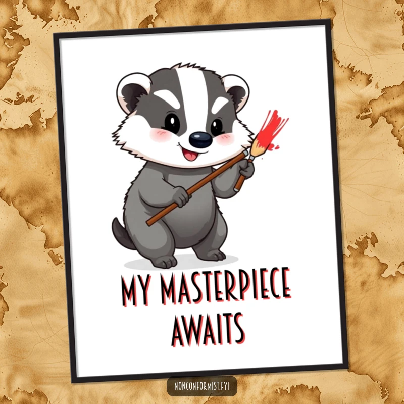 Funny Poster of a happy badger painting a bright red stripe on its grey fur, adding a splash of color and art.