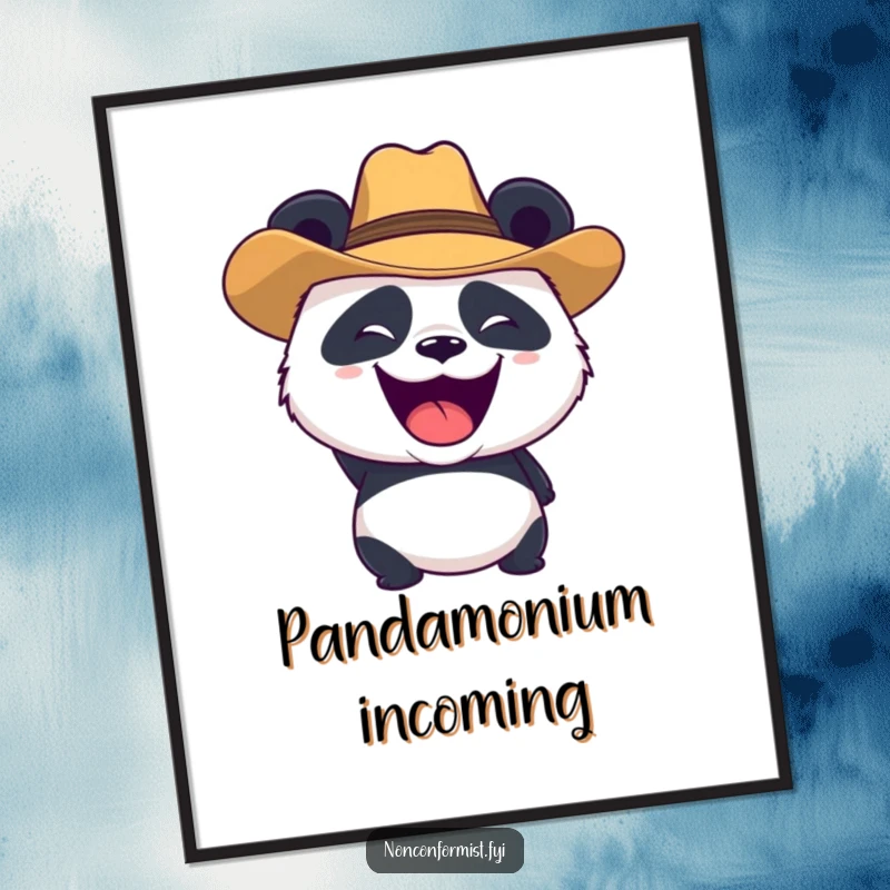 Funny panda character wearing a cowboy hat and roaring playfully, presented as funny wall art, perfect for lively decor.