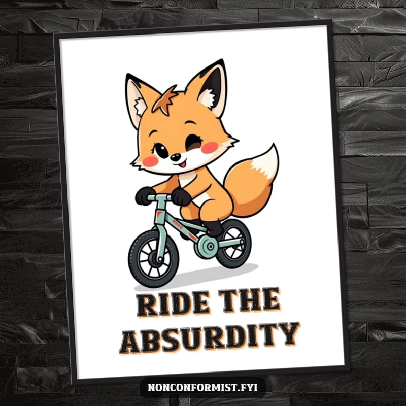 Funny quirky fox with a playful smirk balancing on a tiny, patched-up unicycle, presented as vibrant wall art.
