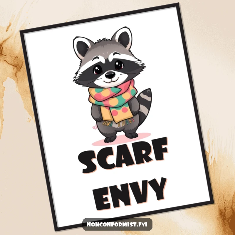Funny poster print of a standout raccoon character tilting curiously, wearing a brightly patterned handmade scarf, whimsical wall decor.