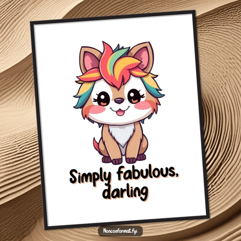 Funny poster art of a smiling animal with wild, rainbow-colored streaks in its fur, creating a lively and joyful atmosphere.