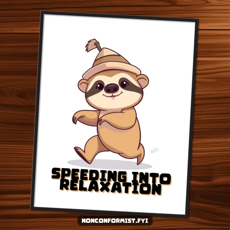 Funny sloth wearing a lopsided hat, comically trying to speed walk, humorous wall art.