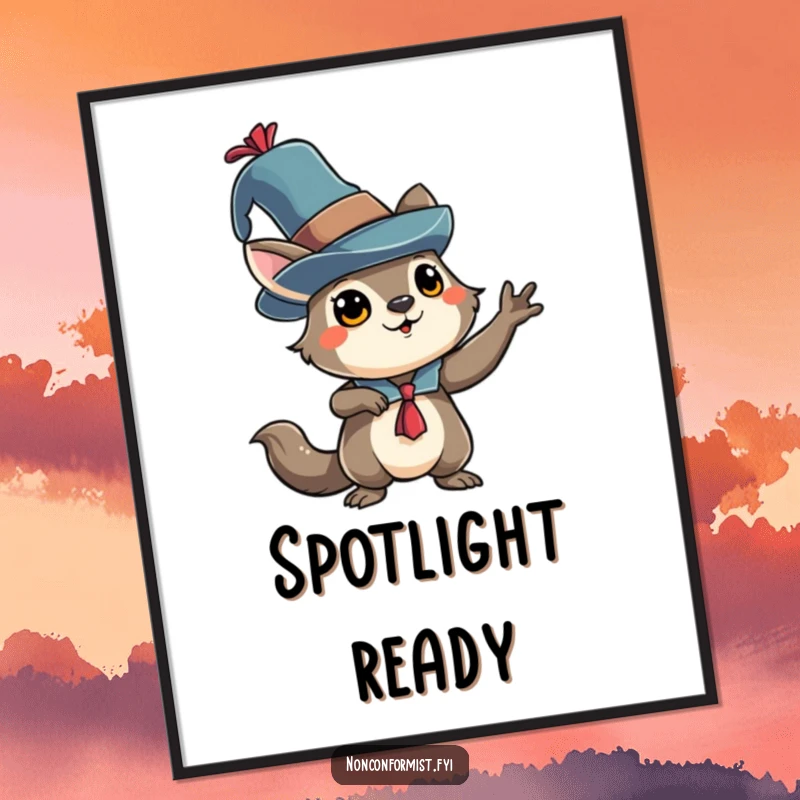 Funny animal character in an eccentric hat, striking a dramatic pose, presented as eye-catching wall art.