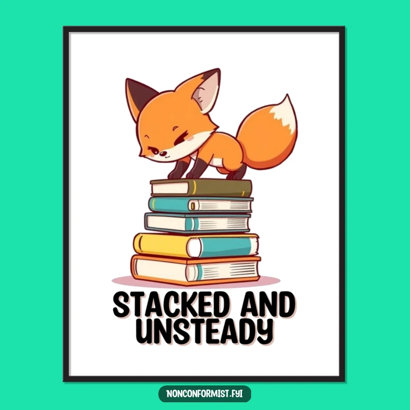 Funny Fox Book Balance Poster - Determined Reader Art - Humorous Wall Decor