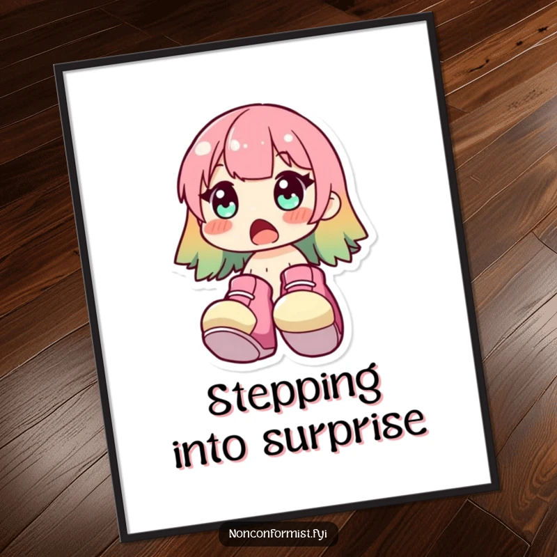 Funny Poster of a surprised character wearing huge, brightly colored shoes. A vibrant and humorous funny gift.