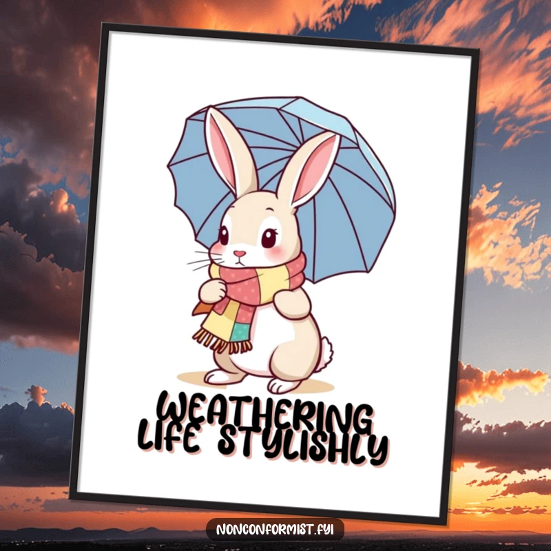 Funny Rabbit Poster: A delightful illustration of a rabbit in a patchwork scarf with an umbrella, adding humor to any wall decor.