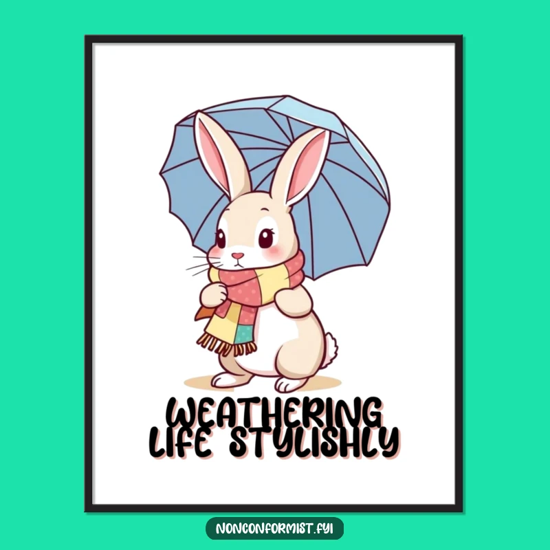 Funny Rabbit Poster: Whimsical Patchwork Scarf & Umbrella Art, Perfect Funny Gift Decor