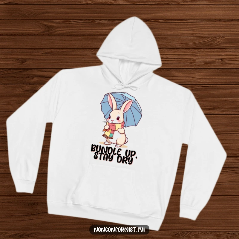 Funny Rabbit Hoodie: A rabbit in a trendy patchwork scarf and carrying an umbrella, symbolizing preparedness and charm, a cozy funny gift.